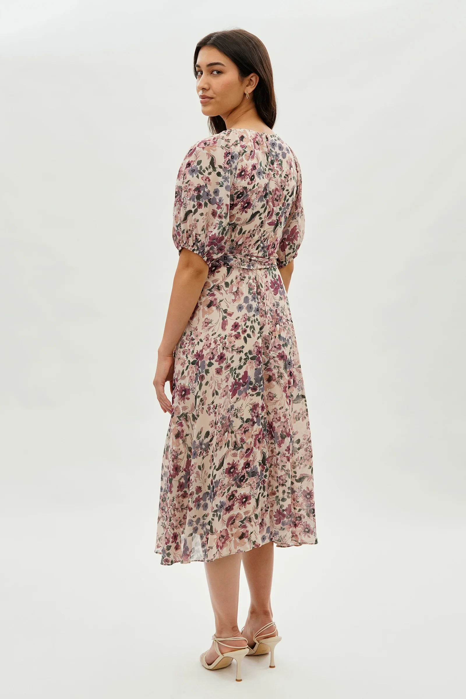 Costa Blanca Floral Short Sleeve Midi Dress - Beige - Image 3