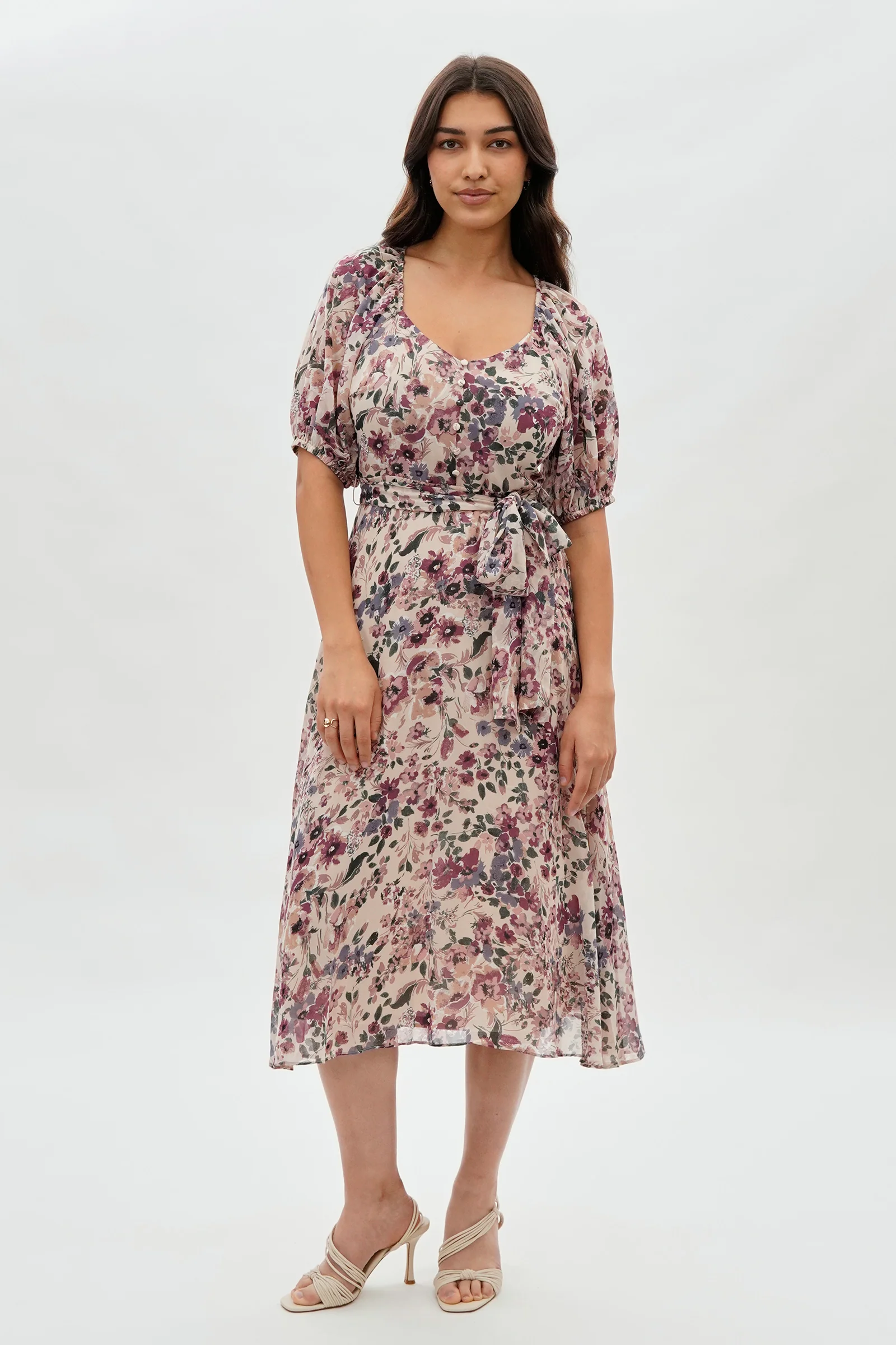 Costa Blanca Floral Short Sleeve Midi Dress - Beige - Image 5