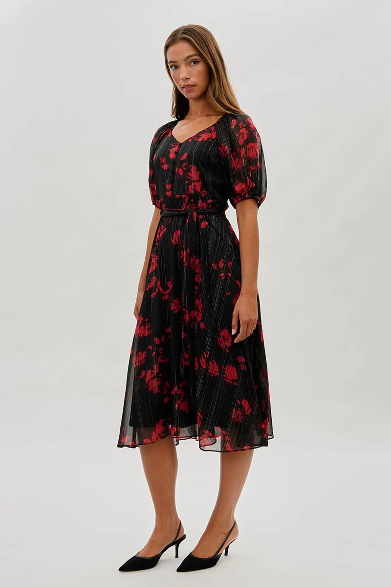 Costa Blanca Floral Puff Sleeve Midi Dress - Black - Image 2