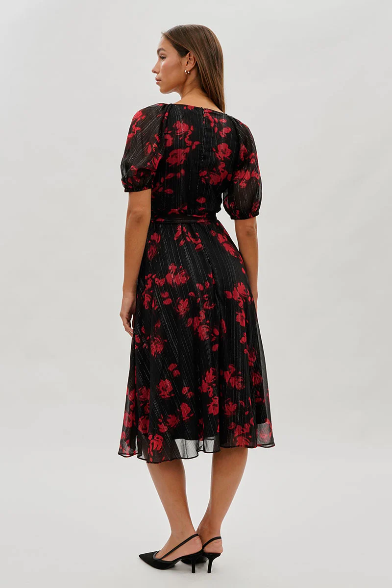 Costa Blanca Floral Puff Sleeve Midi Dress - Black - Image 3