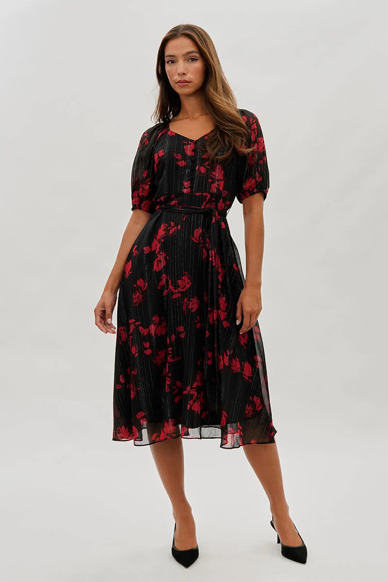 Costa Blanca Floral Puff Sleeve Midi Dress - Black - Image 5