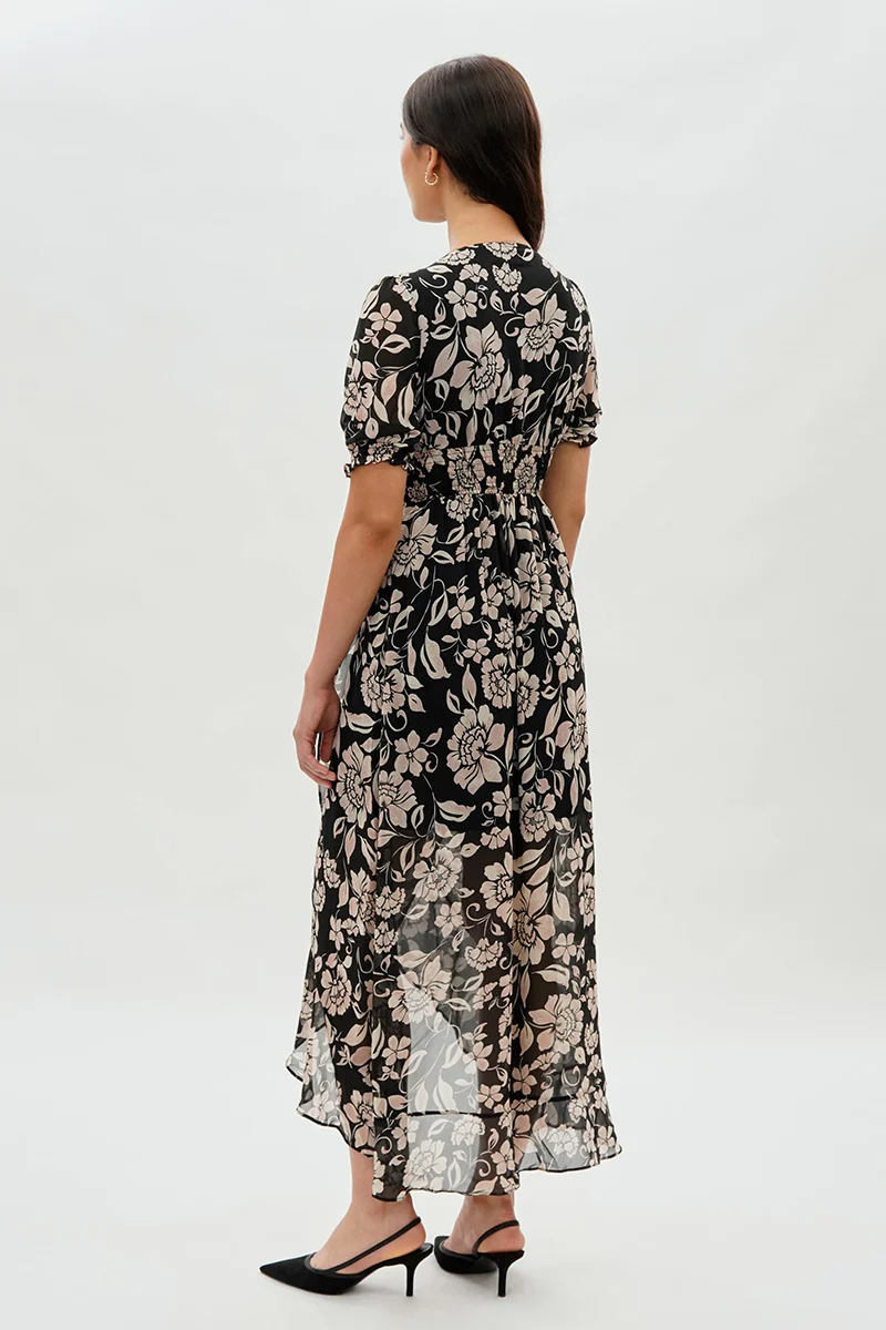 Costa Blanca Floral Smocked Waist Hi-Lo Maxi Dress - Black - Image 3
