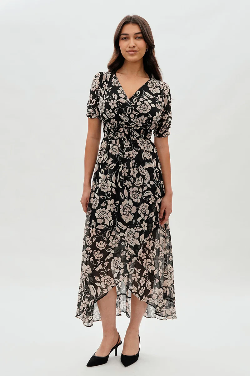 Costa Blanca Floral Smocked Waist Hi-Lo Maxi Dress - Black - Image 5
