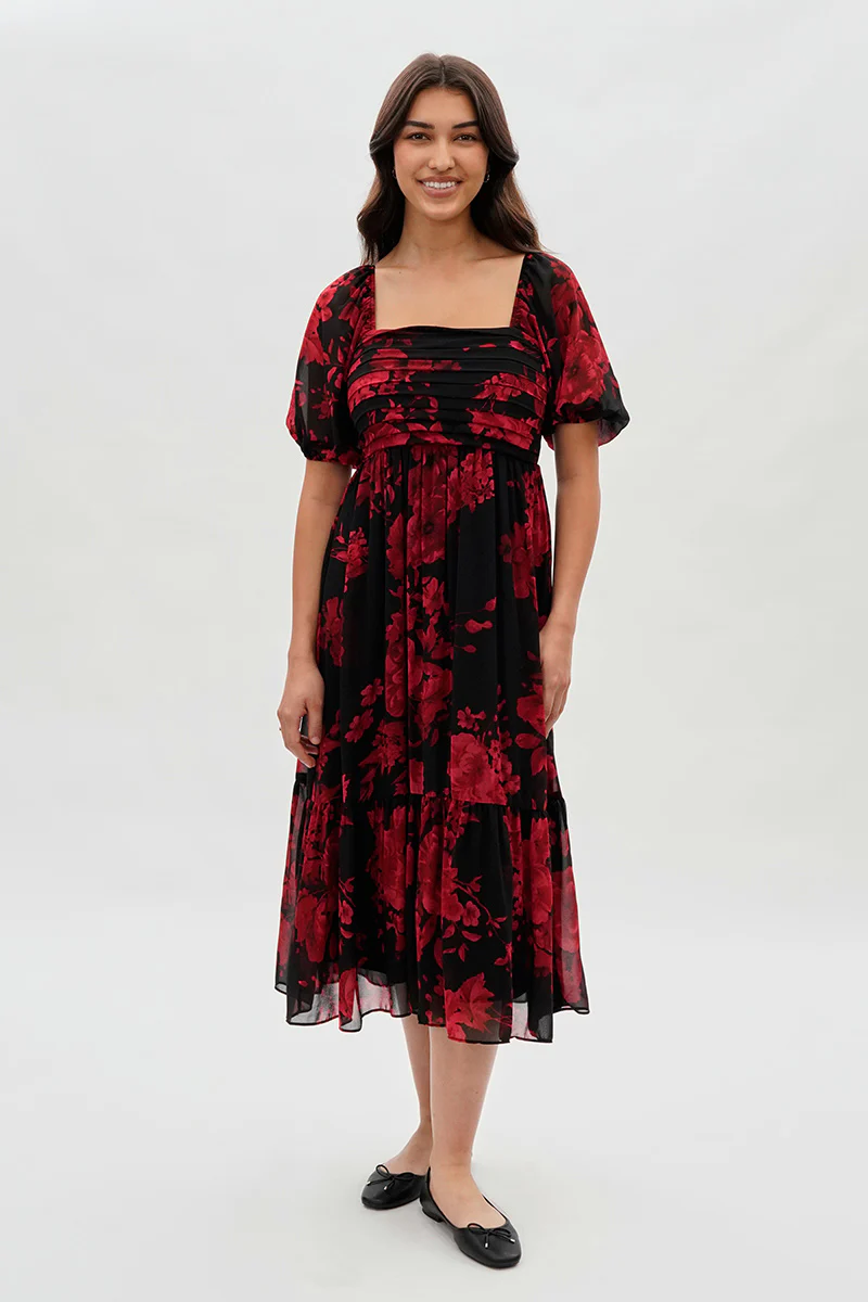 Beechers Brook Pleated Square Neck Midi Dress - Black - Image 5