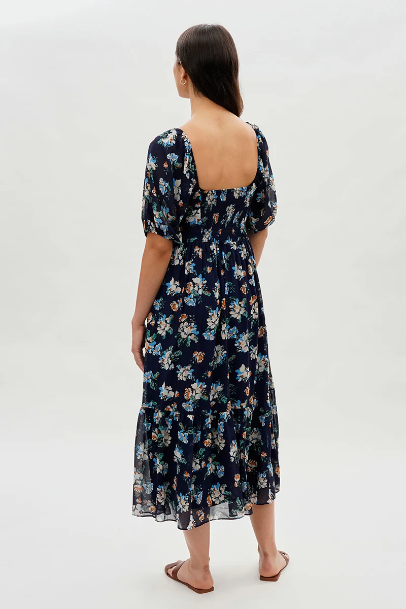 Beechers Brook Pleated Square Neck Midi Dress - Navy - Image 3
