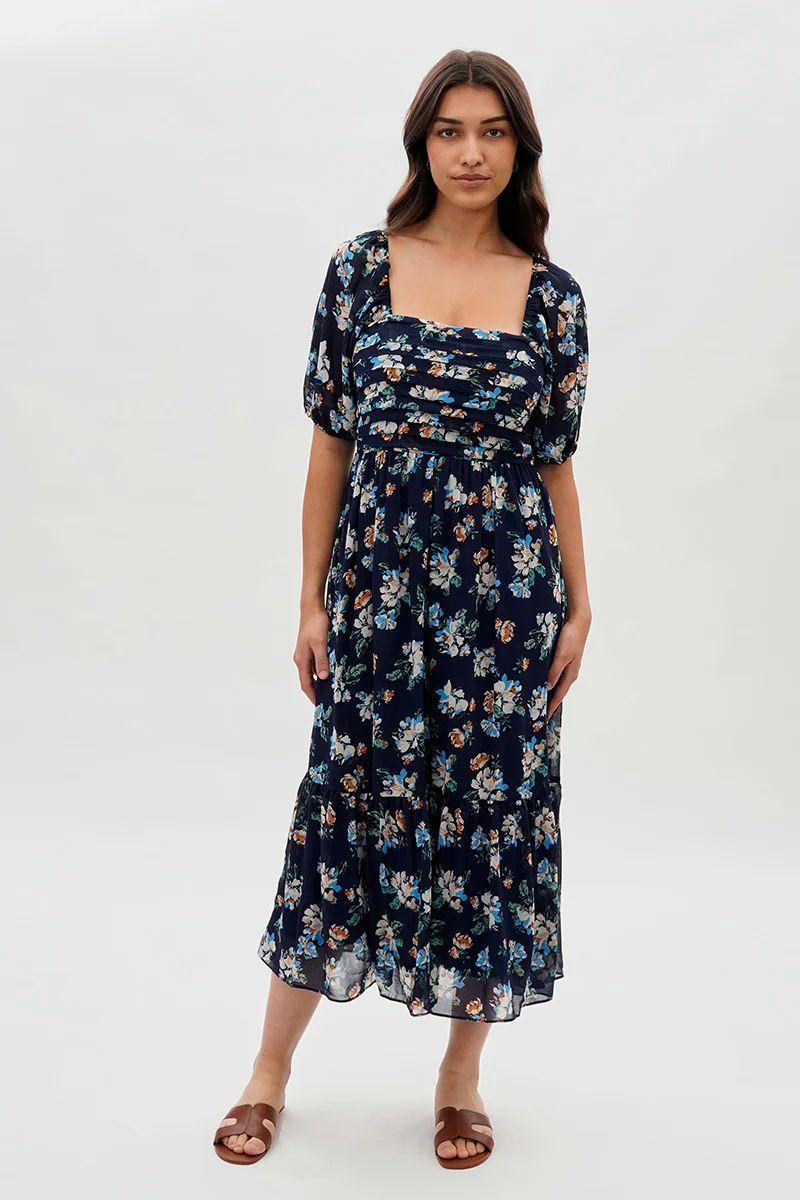 Beechers Brook Pleated Square Neck Midi Dress - Navy - Image 5