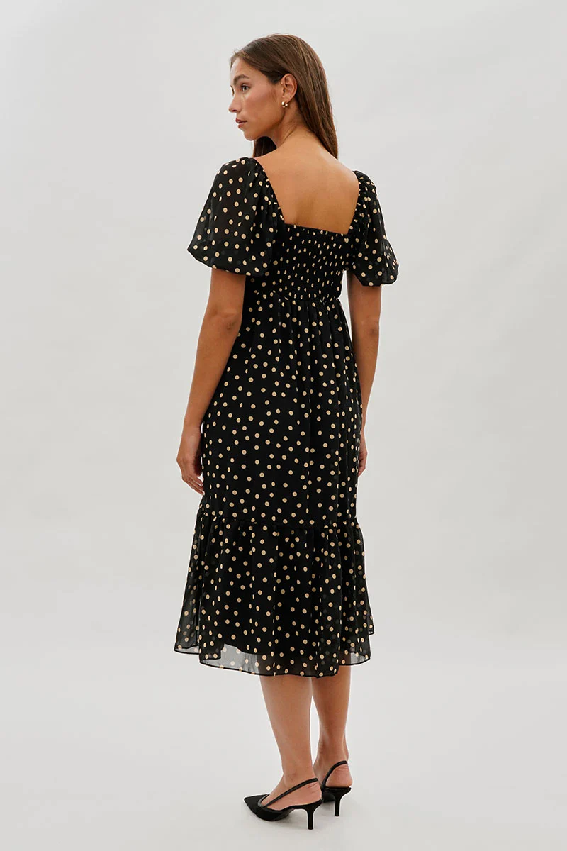 Beechers Brook Dotted Pleated Square Neck Midi Dress - Black - Image 3
