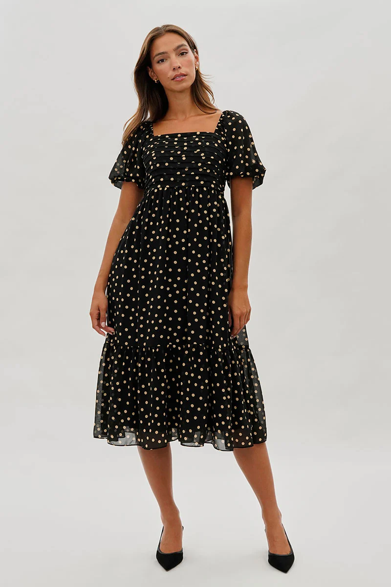 Beechers Brook Dotted Pleated Square Neck Midi Dress - Black - Image 5