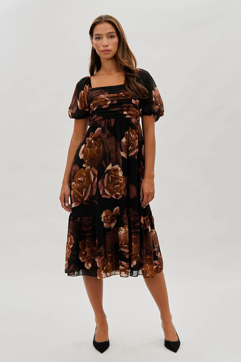 Beechers Brook Floral Pleated Square Neck Midi Dress - Black