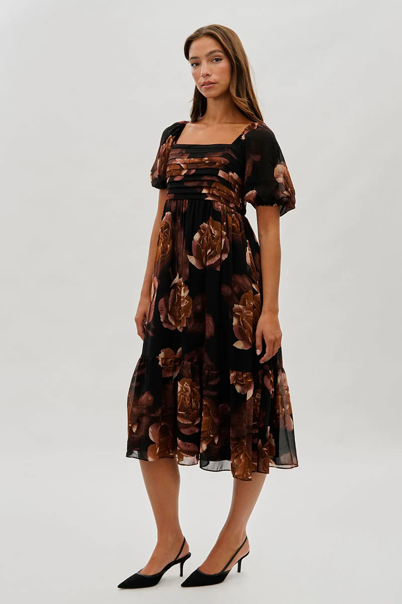 Beechers Brook Floral Pleated Square Neck Midi Dress - Black - Image 2