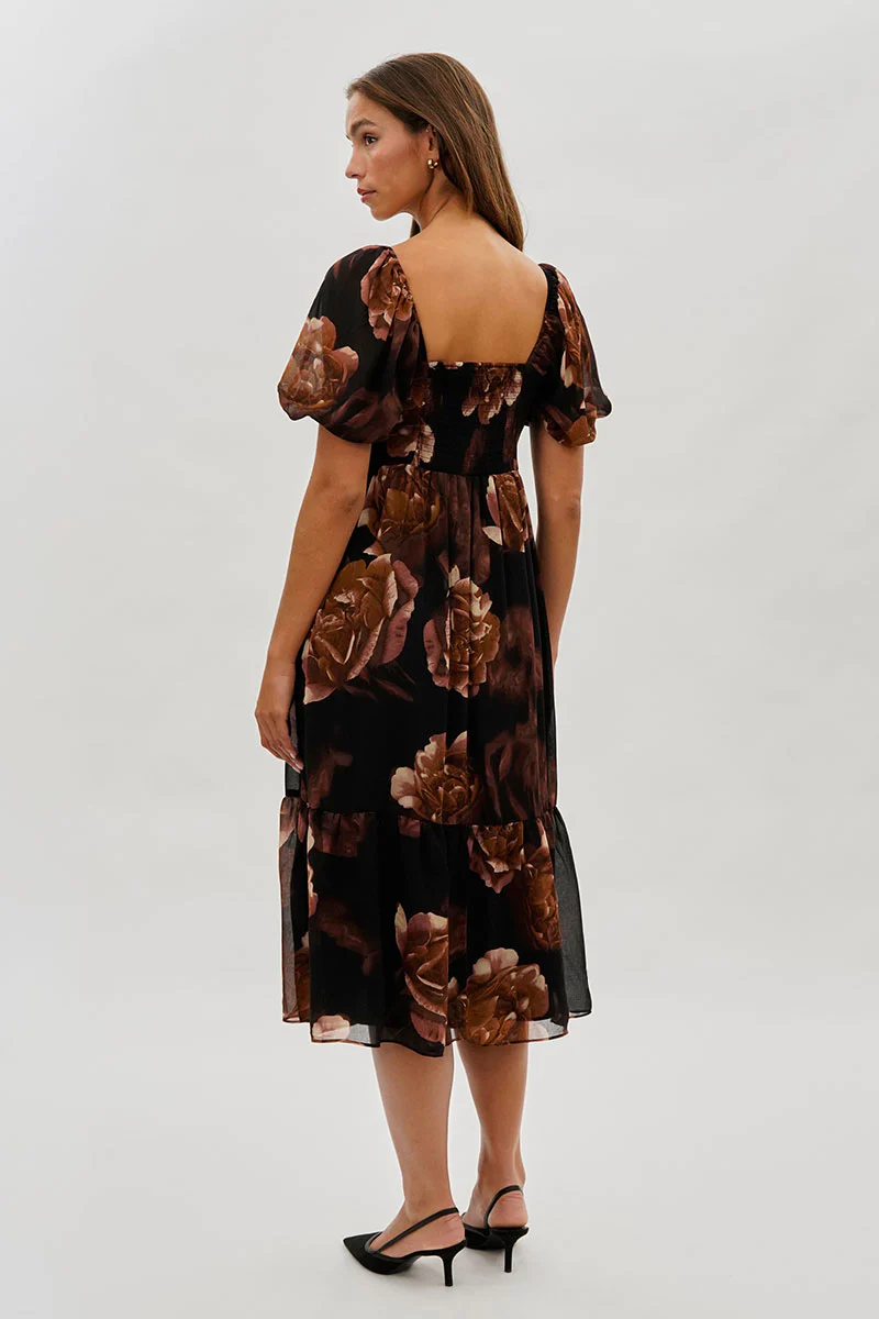 Beechers Brook Floral Pleated Square Neck Midi Dress - Black - Image 3
