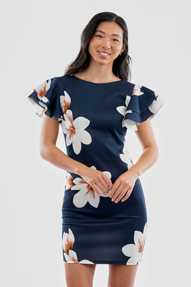Costa Blanca Floral Flutter Sleeve Scuba Cocktail Dress - Navy