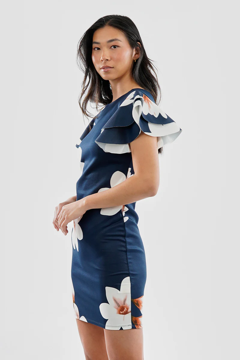 Costa Blanca Floral Flutter Sleeve Scuba Cocktail Dress - Navy - Image 2