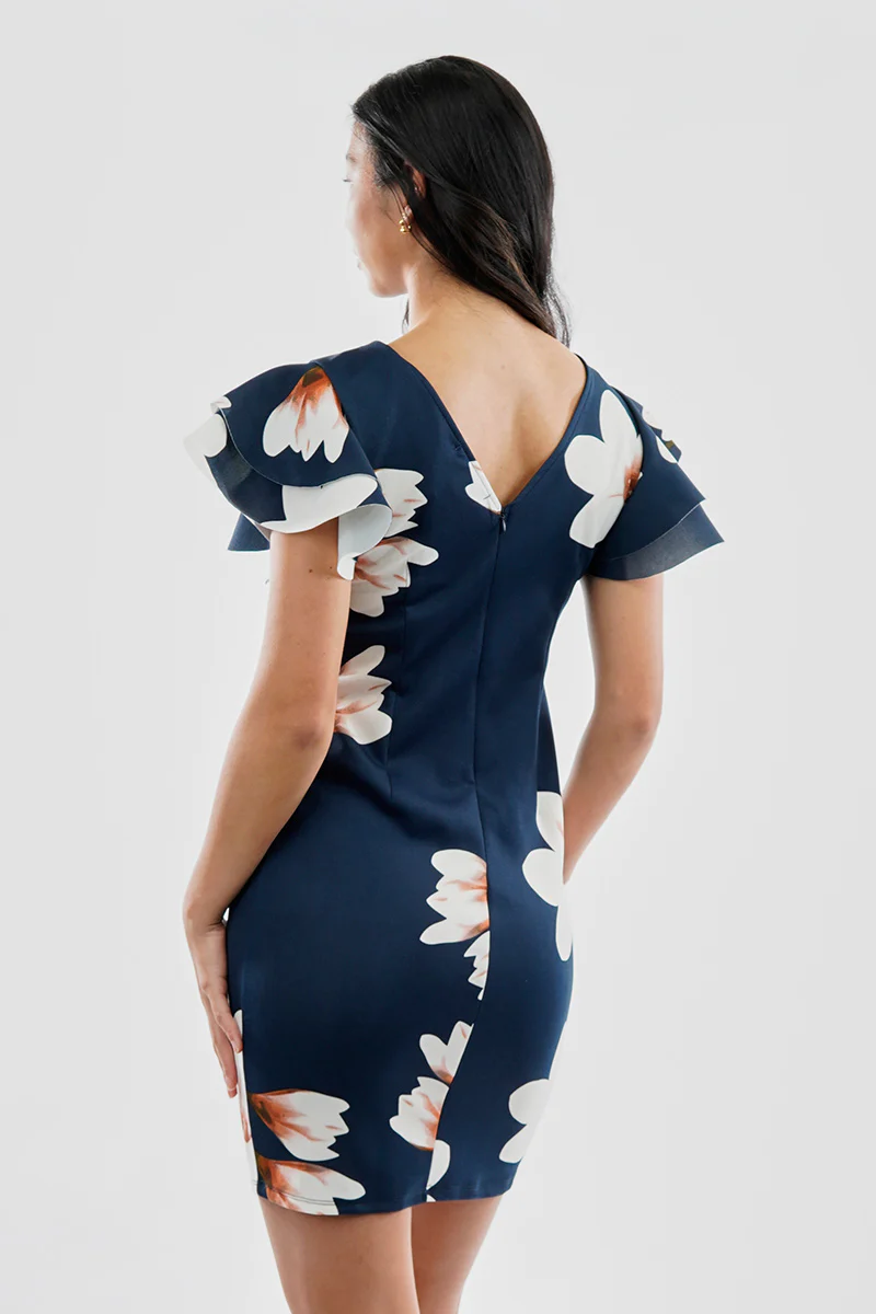 Costa Blanca Floral Flutter Sleeve Scuba Cocktail Dress - Navy - Image 3