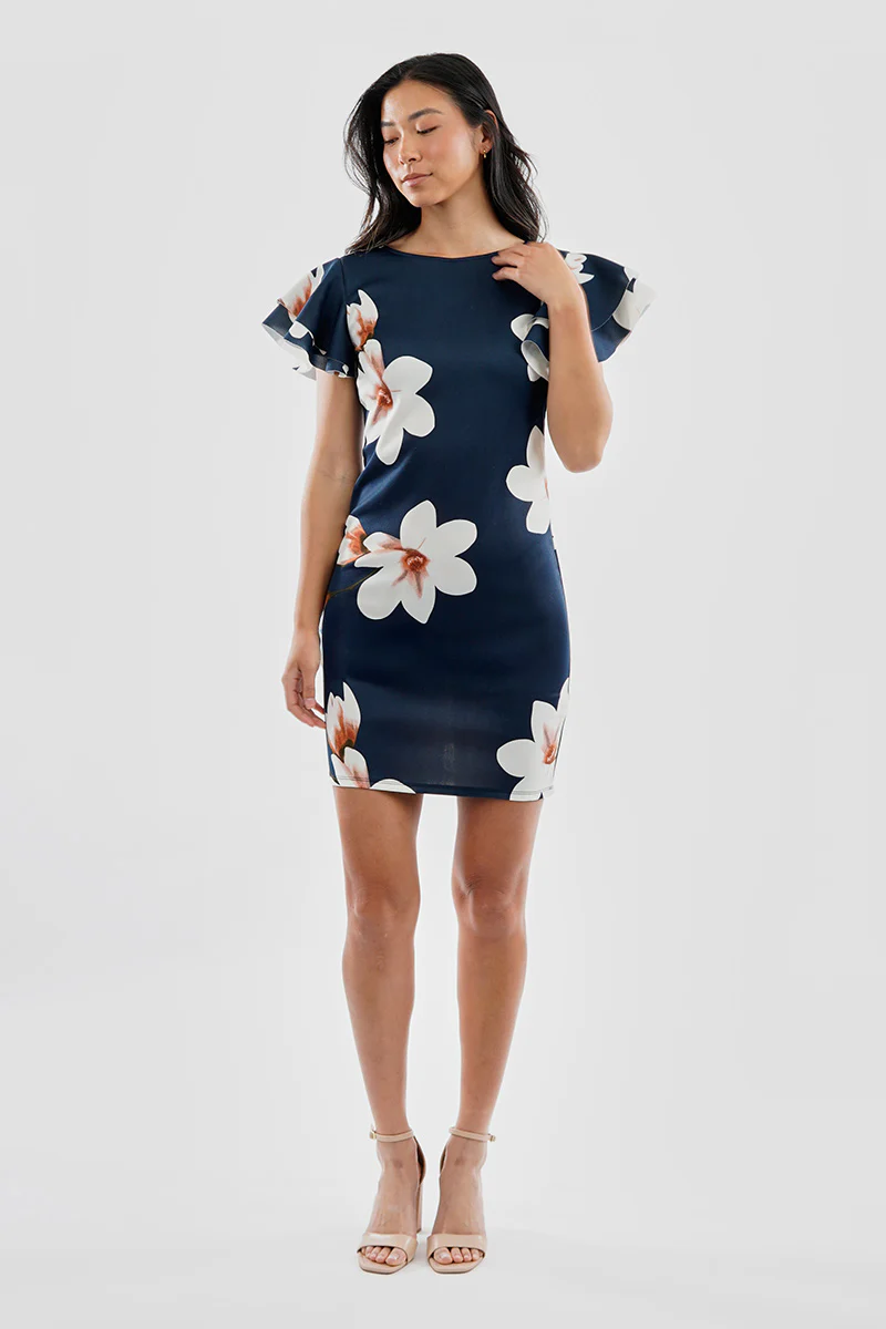 Costa Blanca Floral Flutter Sleeve Scuba Cocktail Dress - Navy - Image 5
