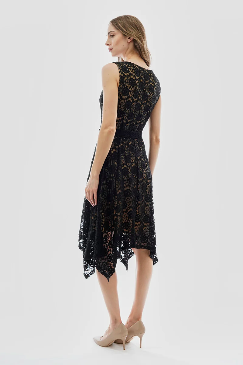 Costa Blanca Belted Lace Gold Bar Detail Cocktail Dress - Black - Image 3