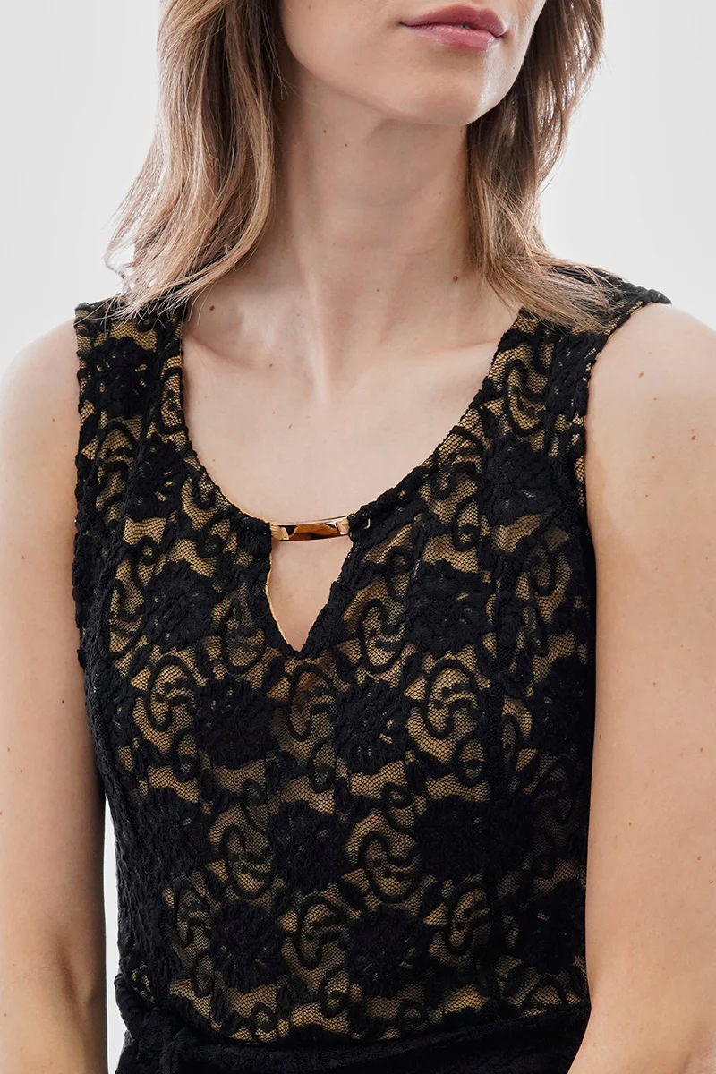 Costa Blanca Belted Lace Gold Bar Detail Cocktail Dress - Black - Image 4