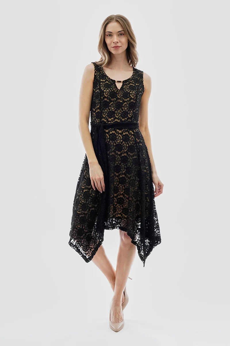 Costa Blanca Belted Lace Gold Bar Detail Cocktail Dress - Black - Image 5