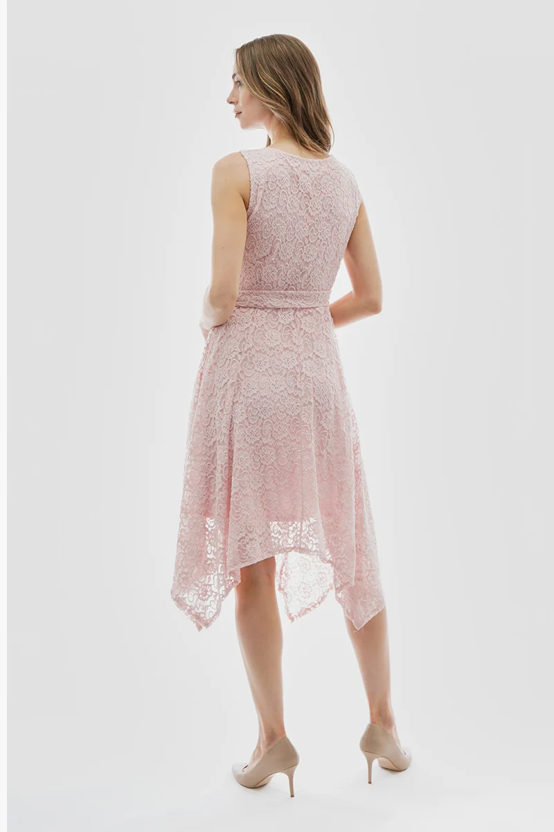 Costa Blanca Belted Lace Gold Bar Detail Cocktail Dress - Pink - Image 3