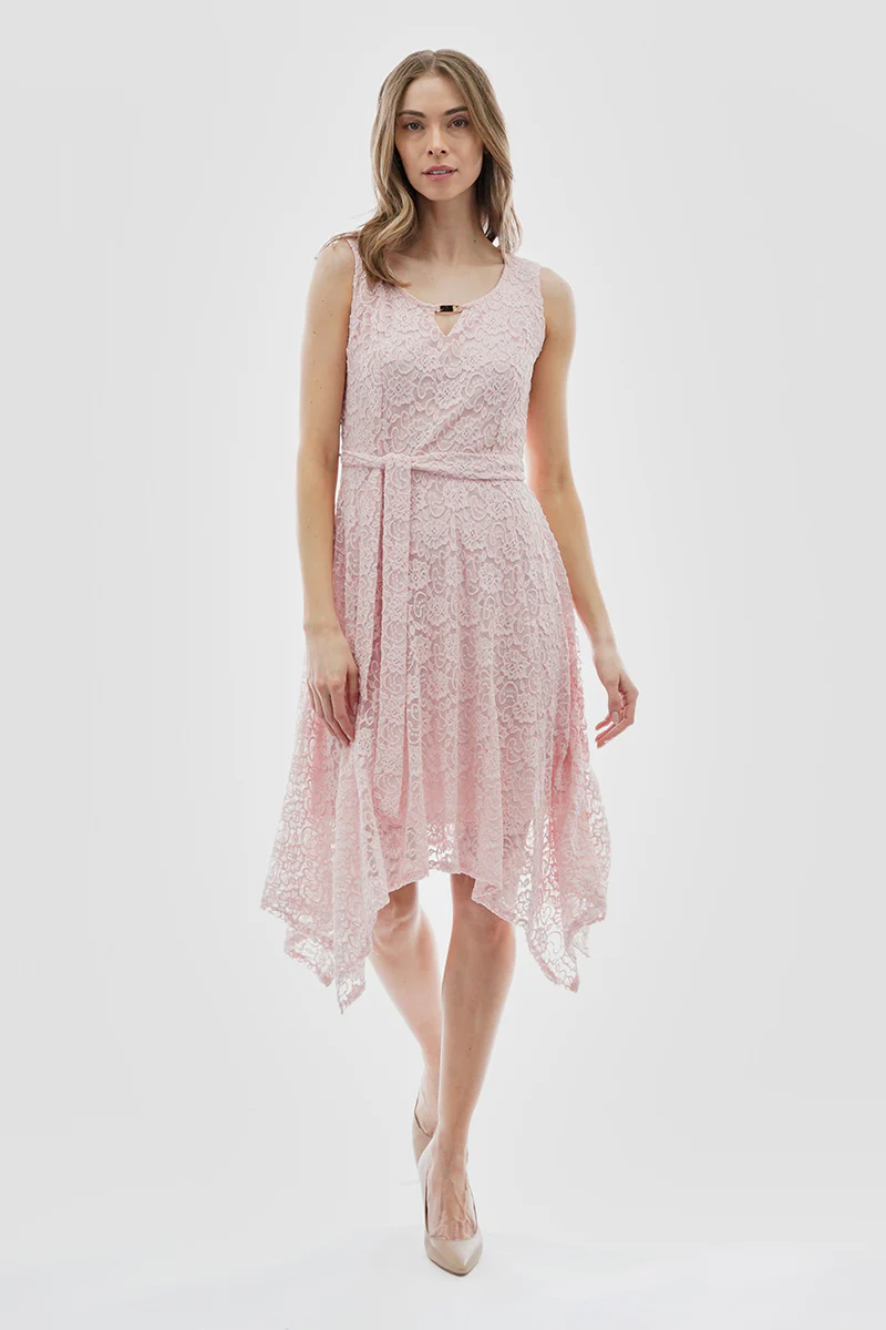 Costa Blanca Belted Lace Gold Bar Detail Cocktail Dress - Pink - Image 5