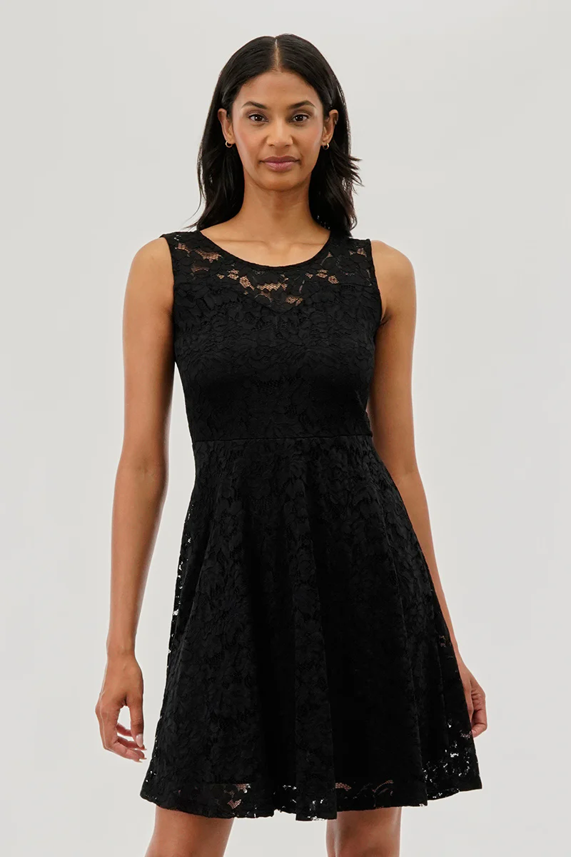 Costa Blanca Floral Lace Sleeveless Cocktail Dress - Black