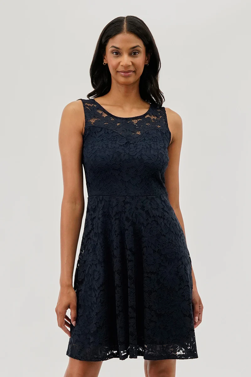 Costa Blanca Floral Lace Sleeveless Cocktail Dress - Navy