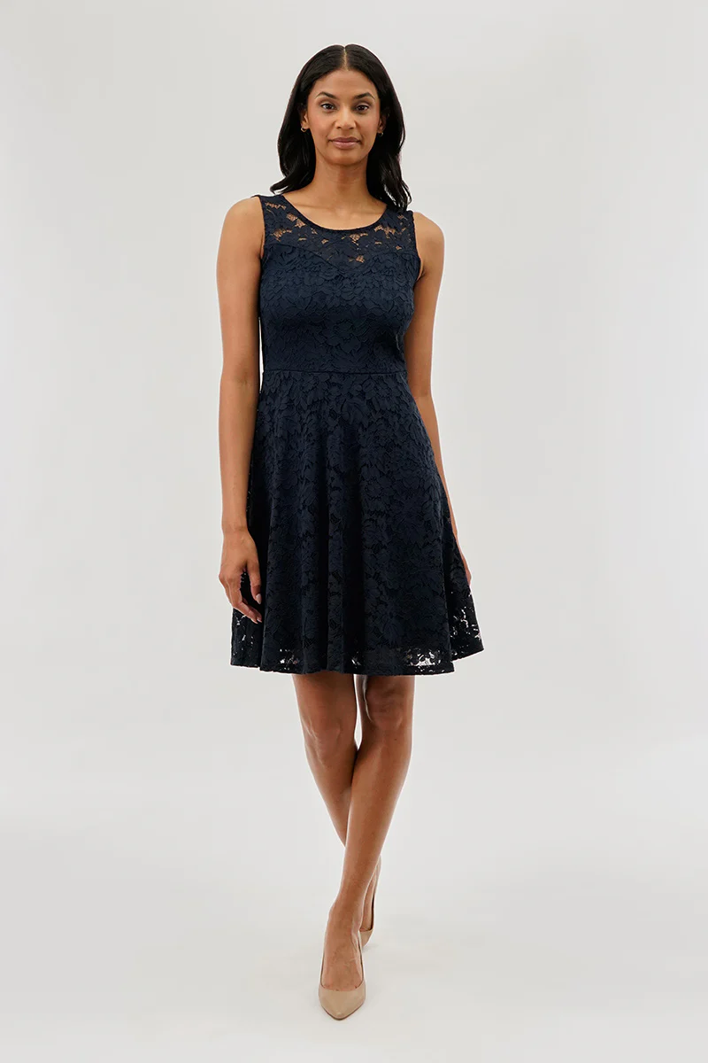 Costa Blanca Floral Lace Sleeveless Cocktail Dress - Navy - Image 5