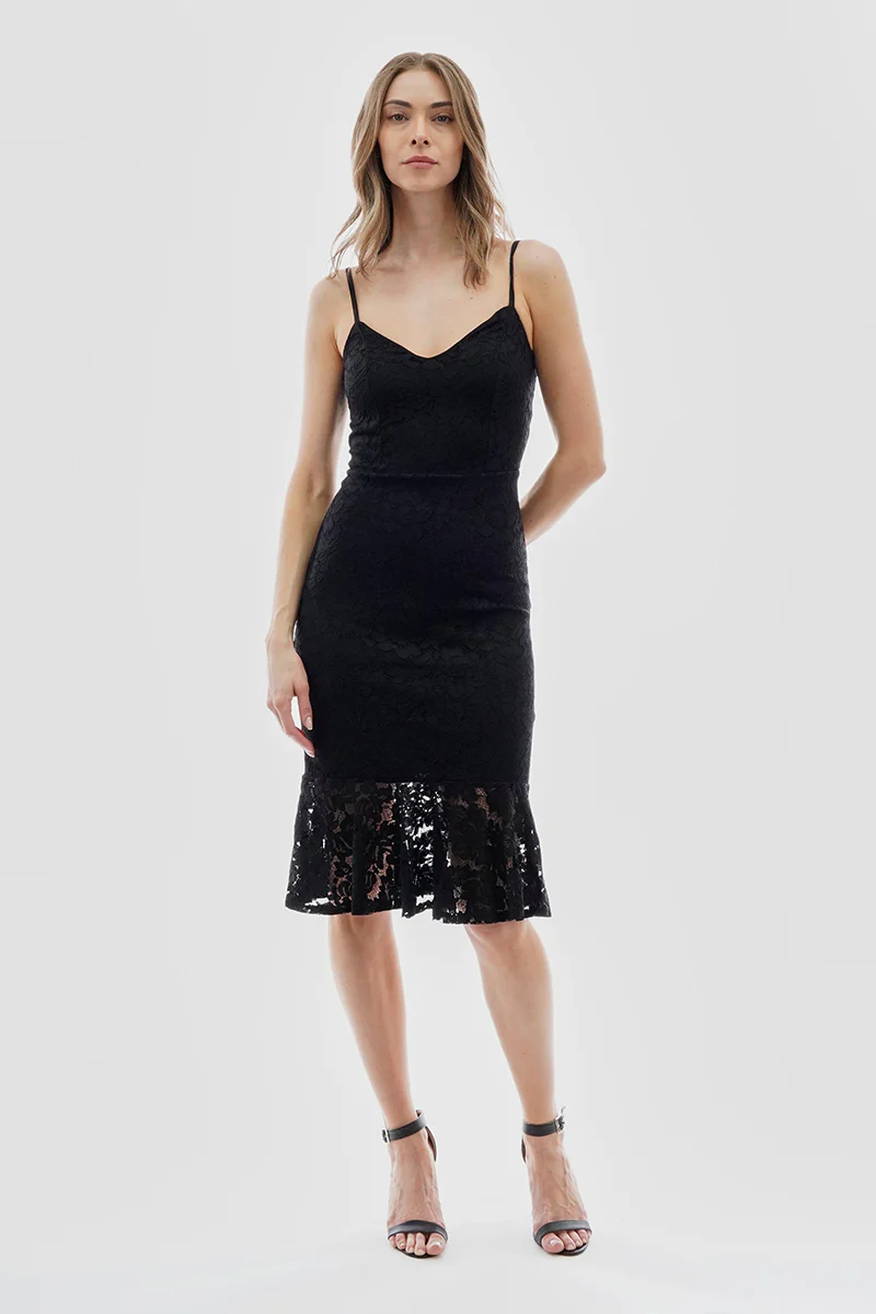 Costa Blanca Floral Lace Flounce Hem Cocktail Dress - Black