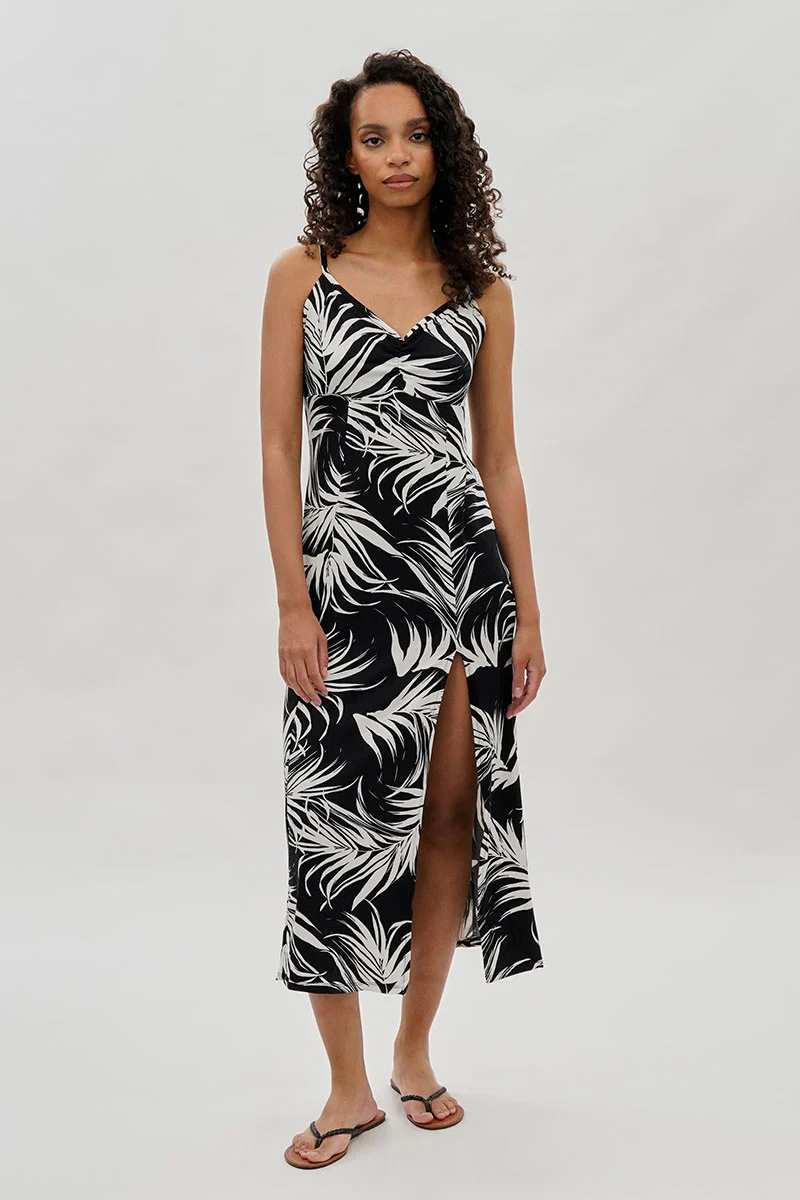International INC Company Leaf Print Side Slit Maxi Dress - Black