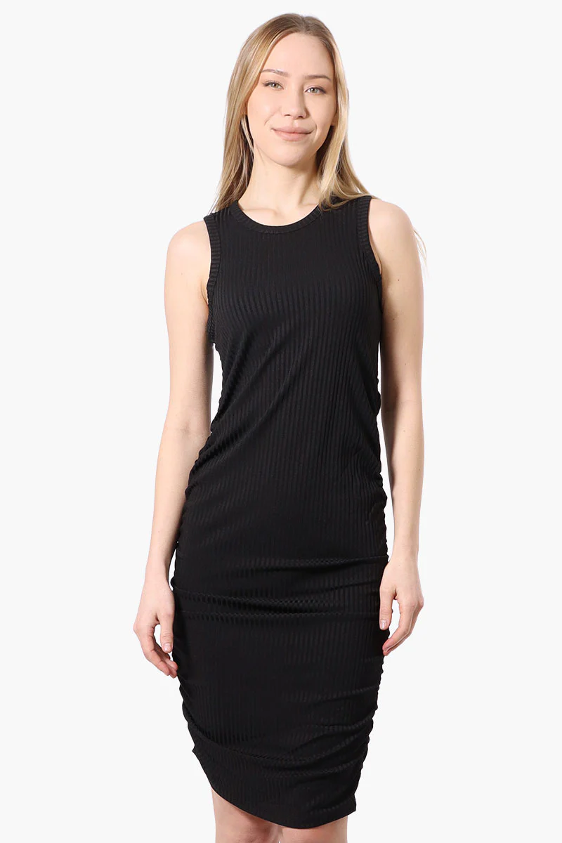 Majora Ribbed Sleeveless Ruched Side Day Dress - Black