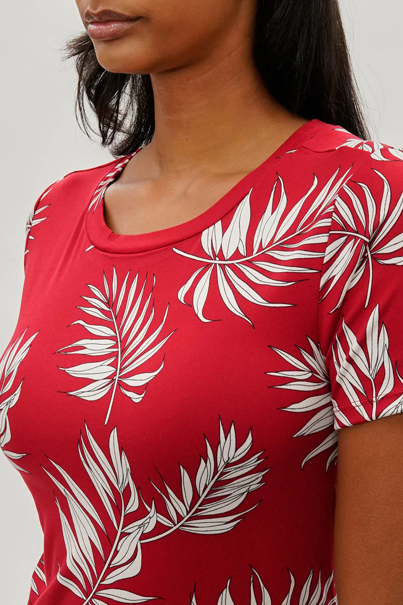 Stylexchange Vintage Leaf Print Short Sleeve Day Dress - Red - Image 4