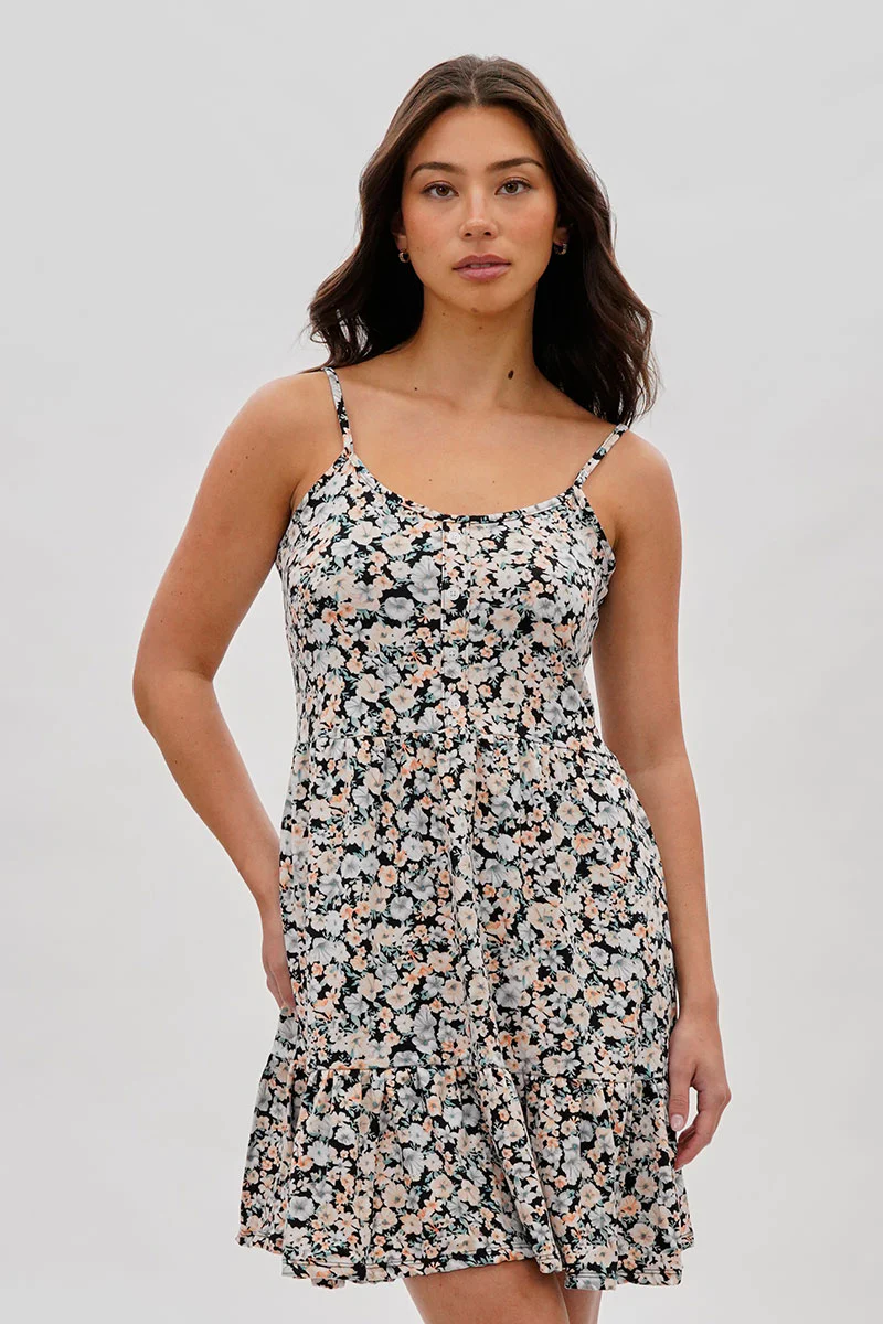 Stylexchange Vintage Floral Tiered Day Dress - Black