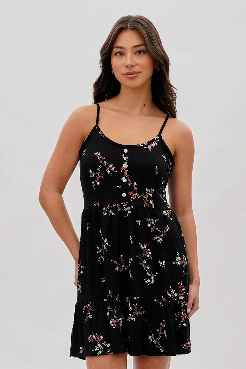 Stylexchange Vintage Floral Henley Day Dress - Black