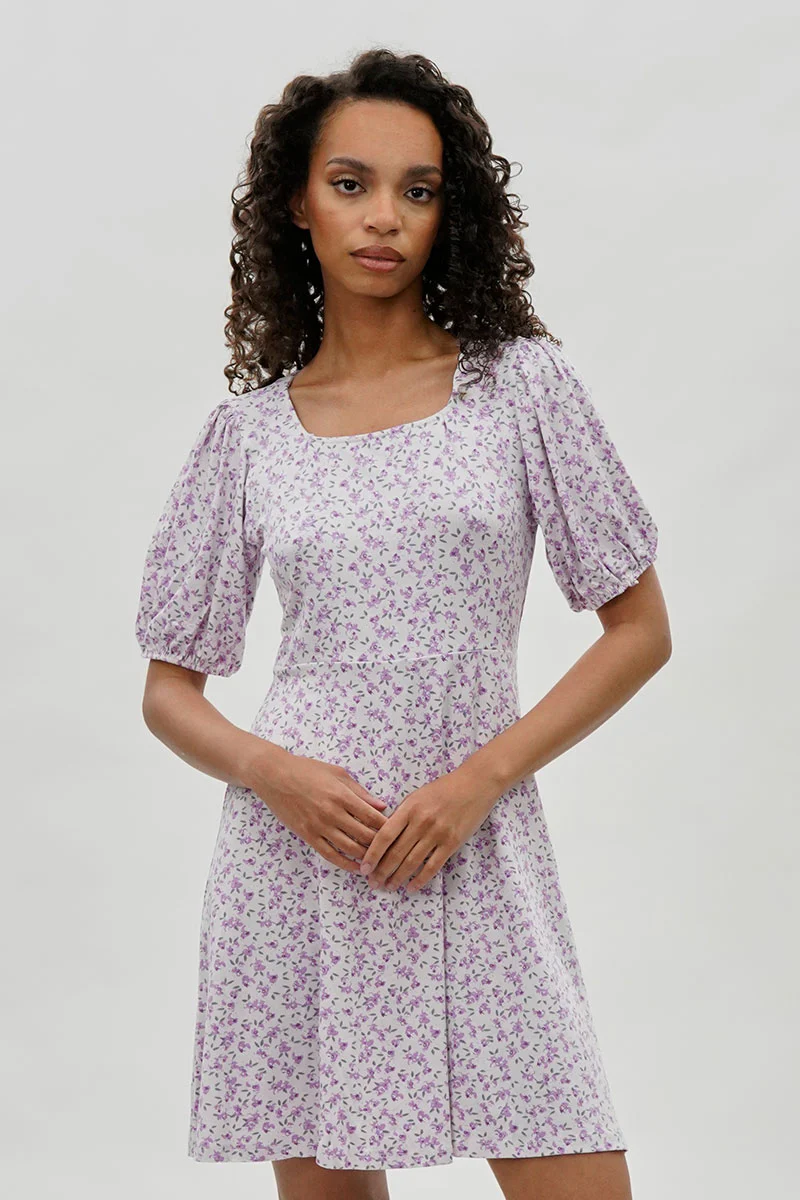 Costa Blanca Floral Square Neck Day Dress - Lavender