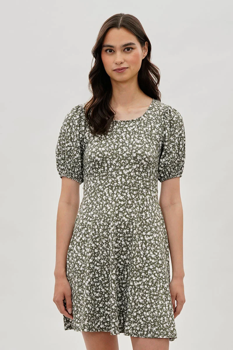 Costa Blanca Floral Puff Sleeve Day Dress - Olive