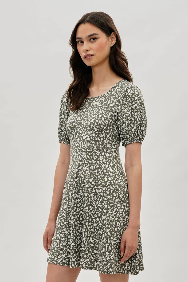 Costa Blanca Floral Puff Sleeve Day Dress - Olive - Image 2