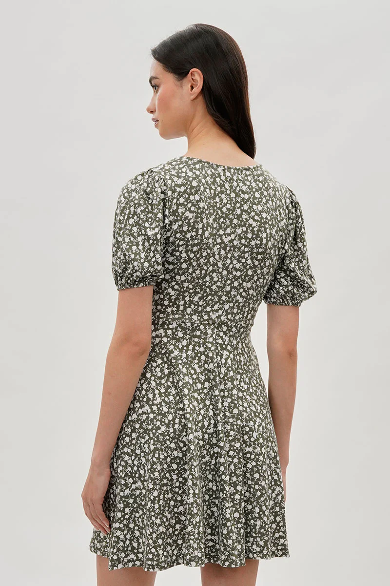 Costa Blanca Floral Puff Sleeve Day Dress - Olive - Image 3