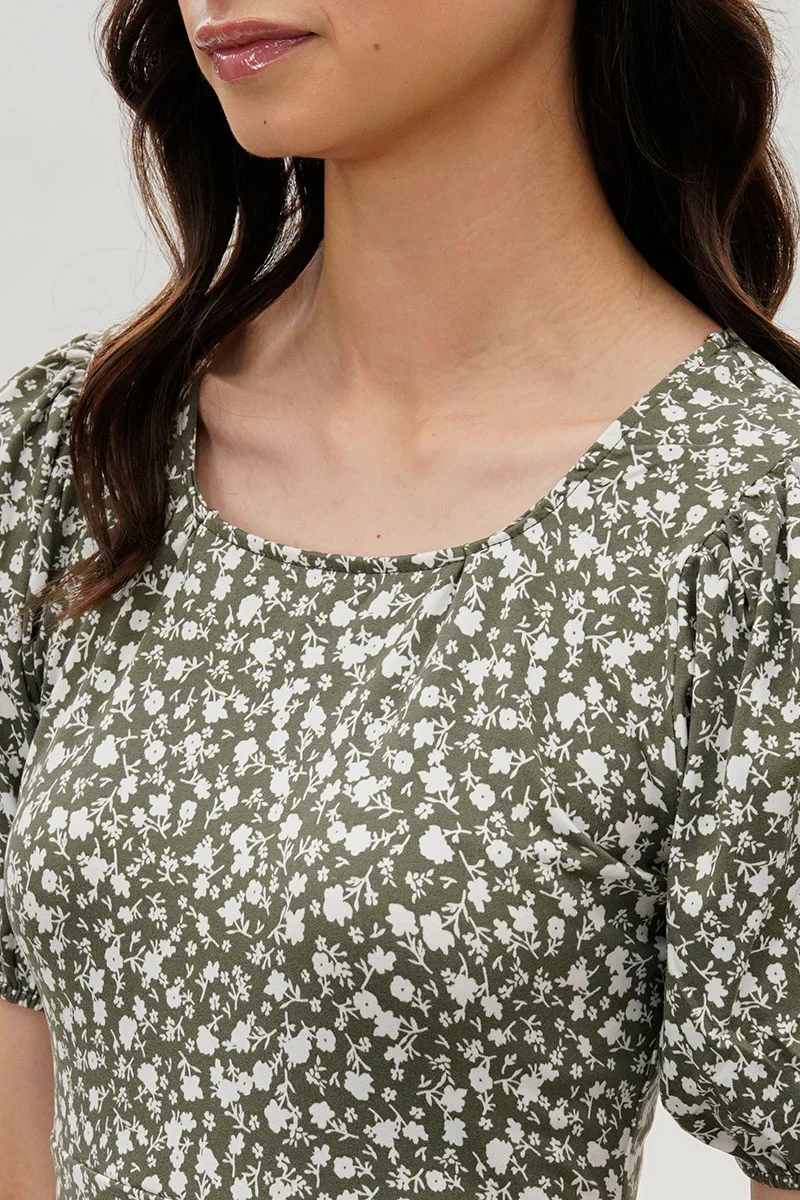 Costa Blanca Floral Puff Sleeve Day Dress - Olive - Image 4