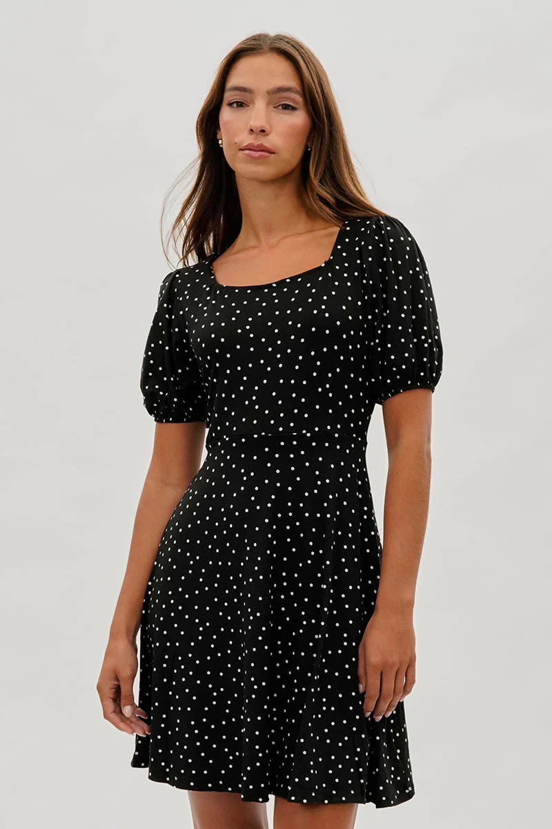Costa Blanca Dotted Square Neck Day Dress - Black