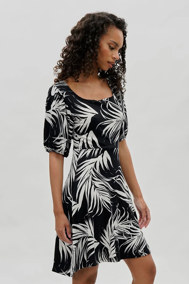 Costa Blanca Leaf Print Square Neck Day Dress - Black - Image 2