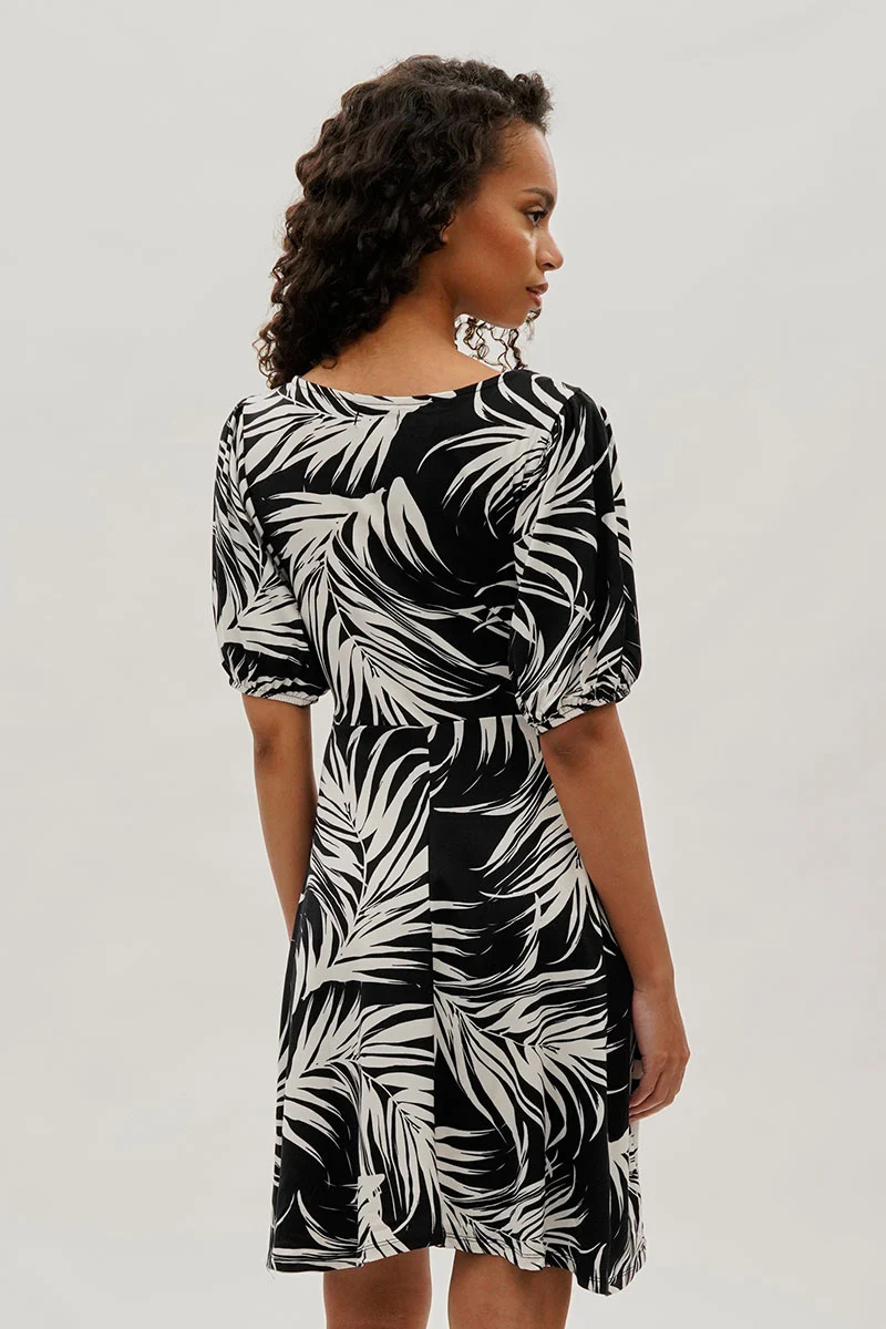 Costa Blanca Leaf Print Square Neck Day Dress - Black - Image 3