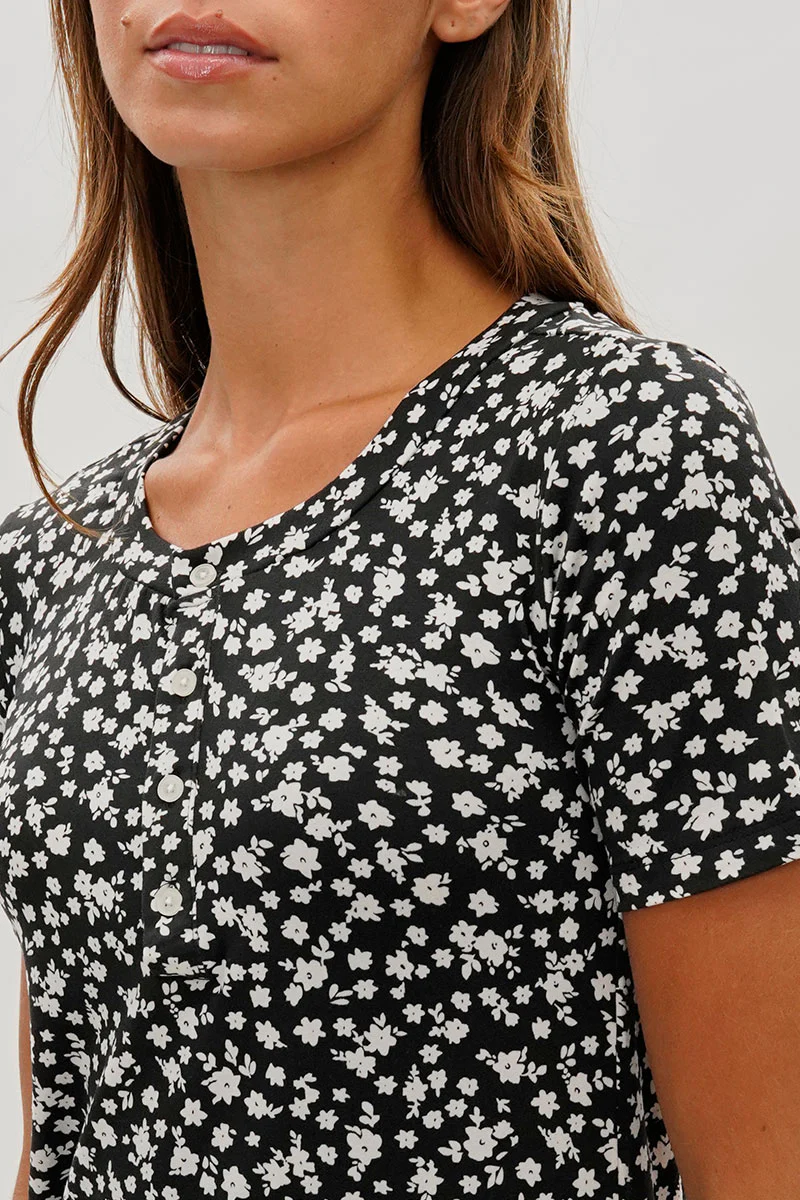 Runaway Bay Floral Short Sleeve Henley Day Dress - Black - Image 4