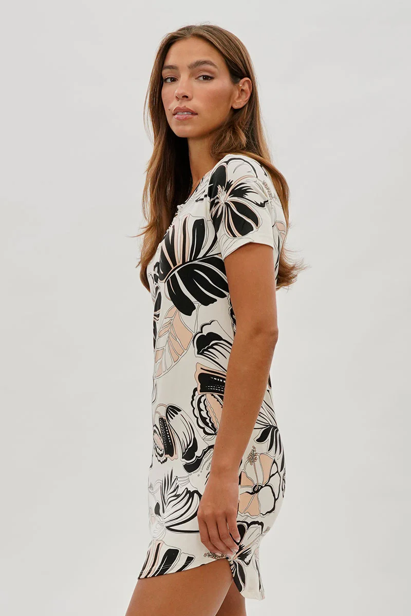 Runaway Bay Leaf Print Short Sleeve Henley Day Dress - Cream - Image 2