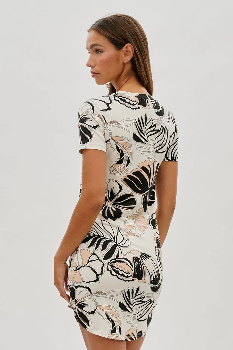 Runaway Bay Leaf Print Short Sleeve Henley Day Dress - Cream - Image 3