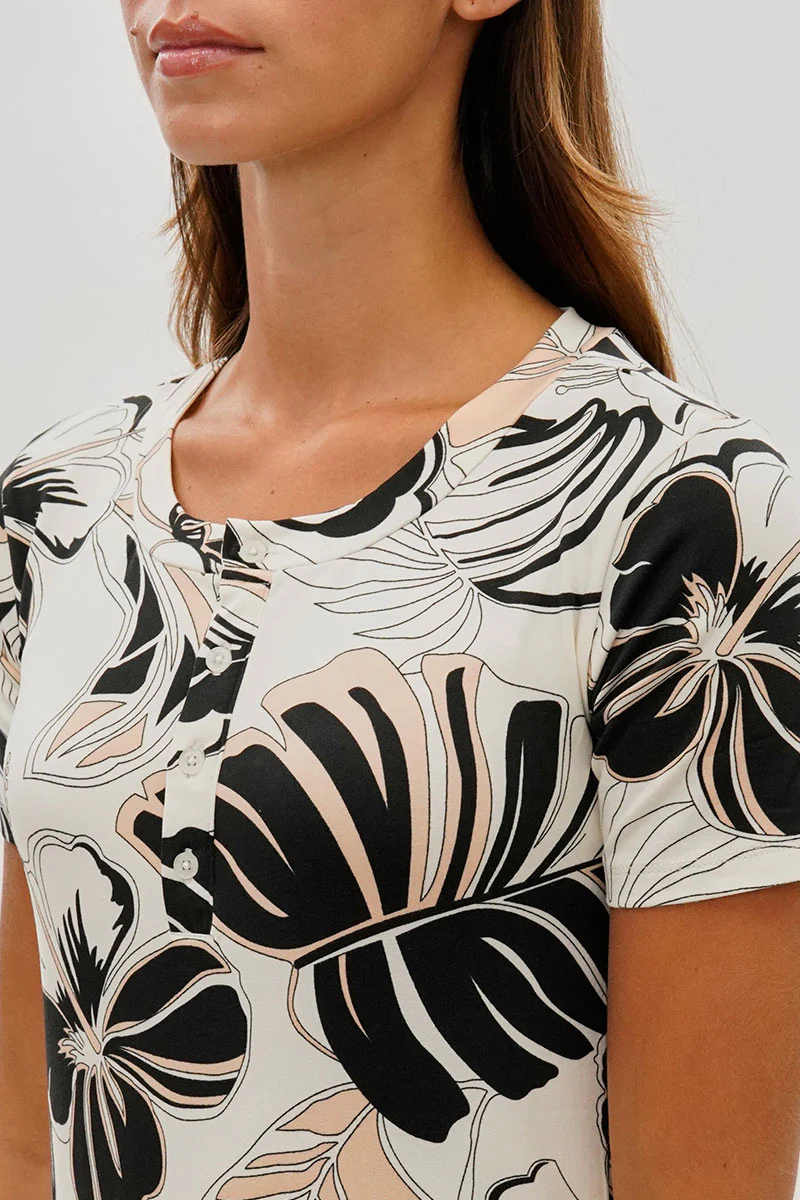 Runaway Bay Leaf Print Short Sleeve Henley Day Dress - Cream - Image 4
