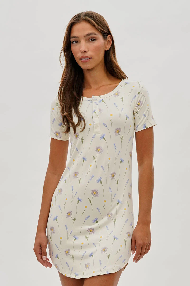 Runaway Bay Floral Short Sleeve Henley Day Dress - Cream