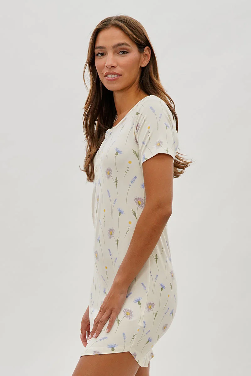 Runaway Bay Floral Short Sleeve Henley Day Dress - Cream - Image 2
