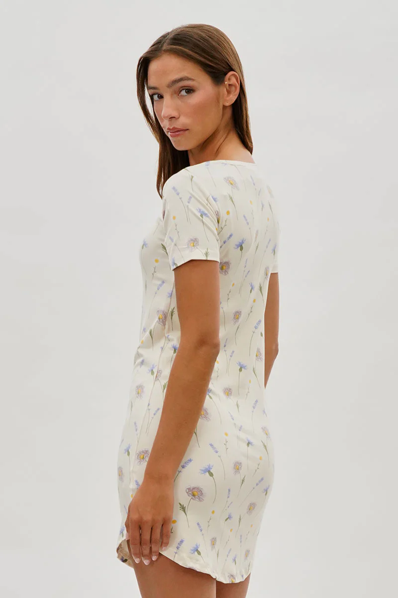 Runaway Bay Floral Short Sleeve Henley Day Dress - Cream - Image 3