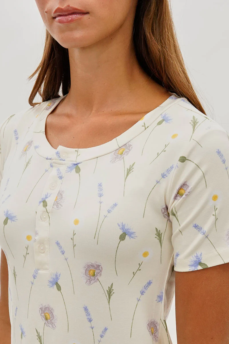 Runaway Bay Floral Short Sleeve Henley Day Dress - Cream - Image 4