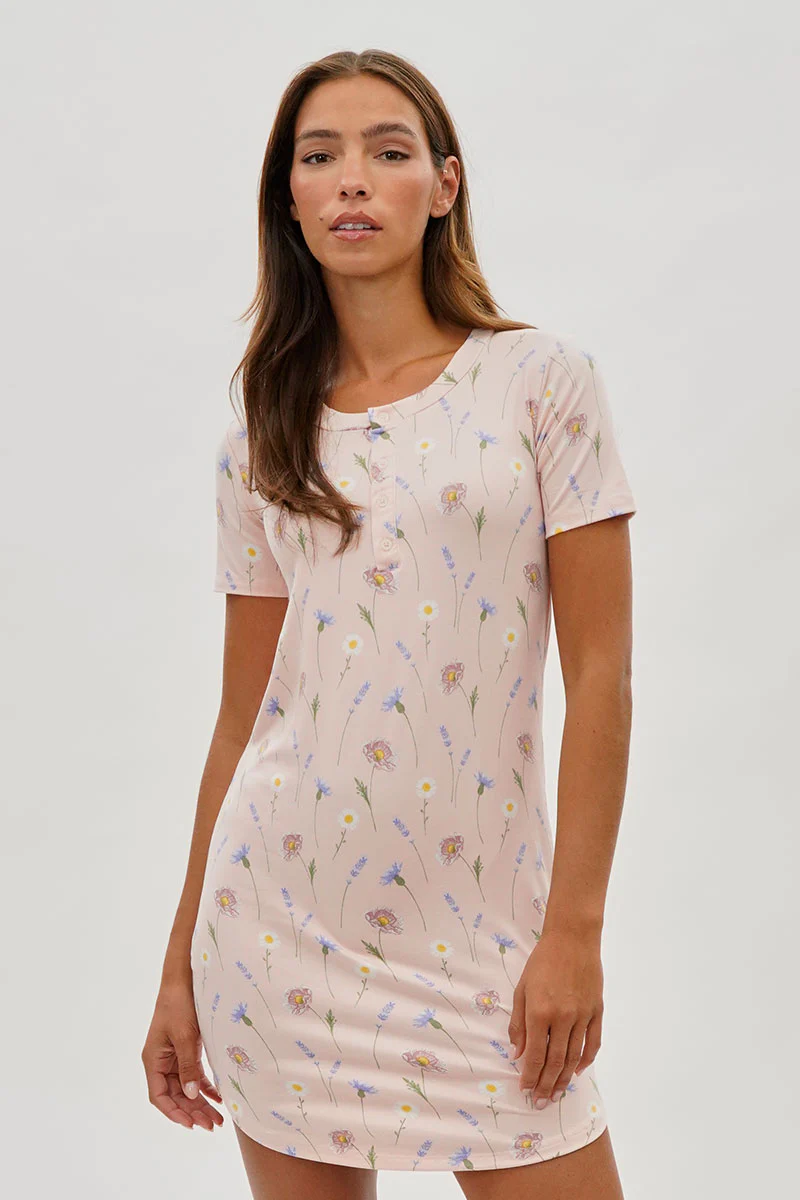 Runaway Bay Floral Short Sleeve Henley Day Dress - Pink
